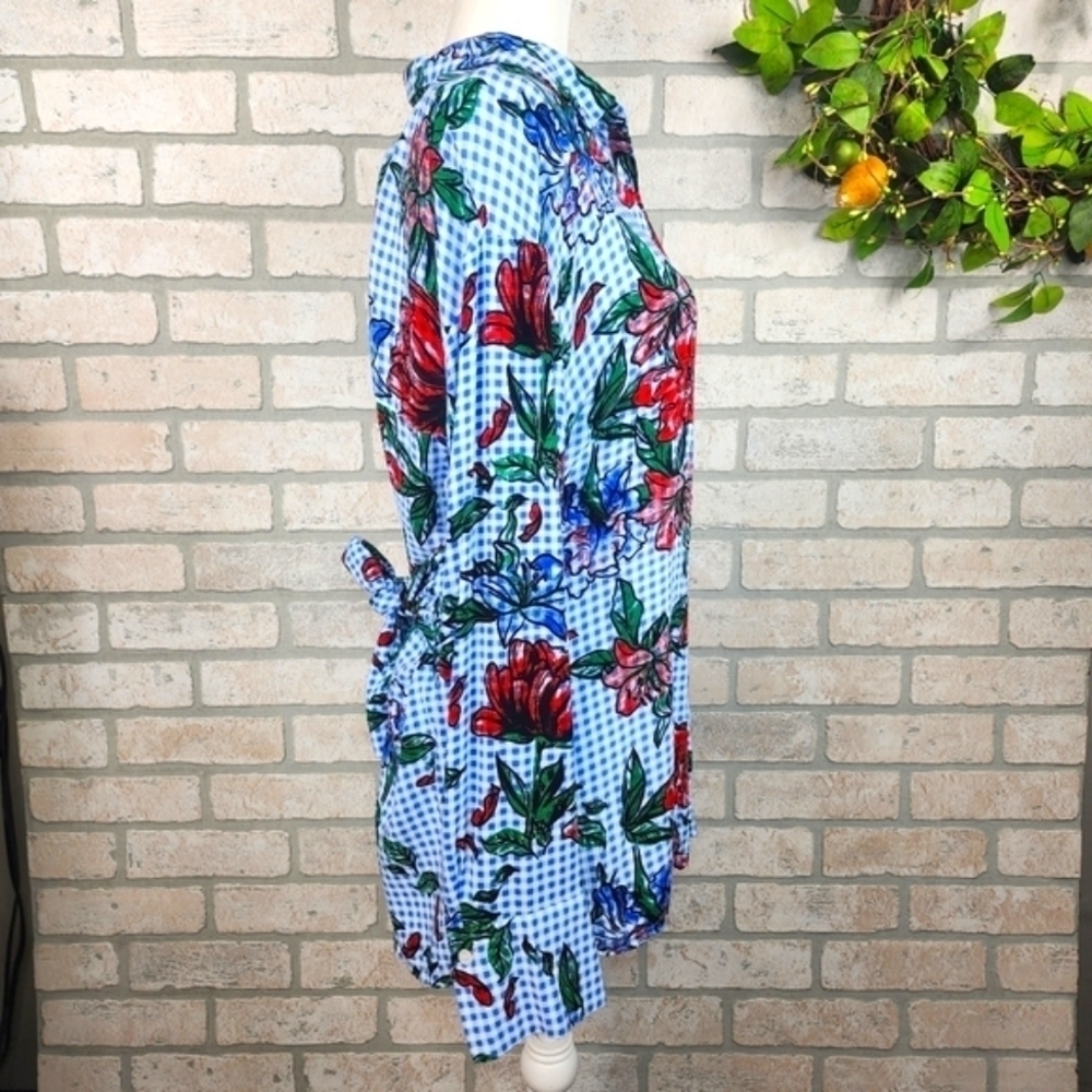 MASSINI Floral Button Up Long Sleeve Gingham Style Blouse Size L - Picture 3 of 9